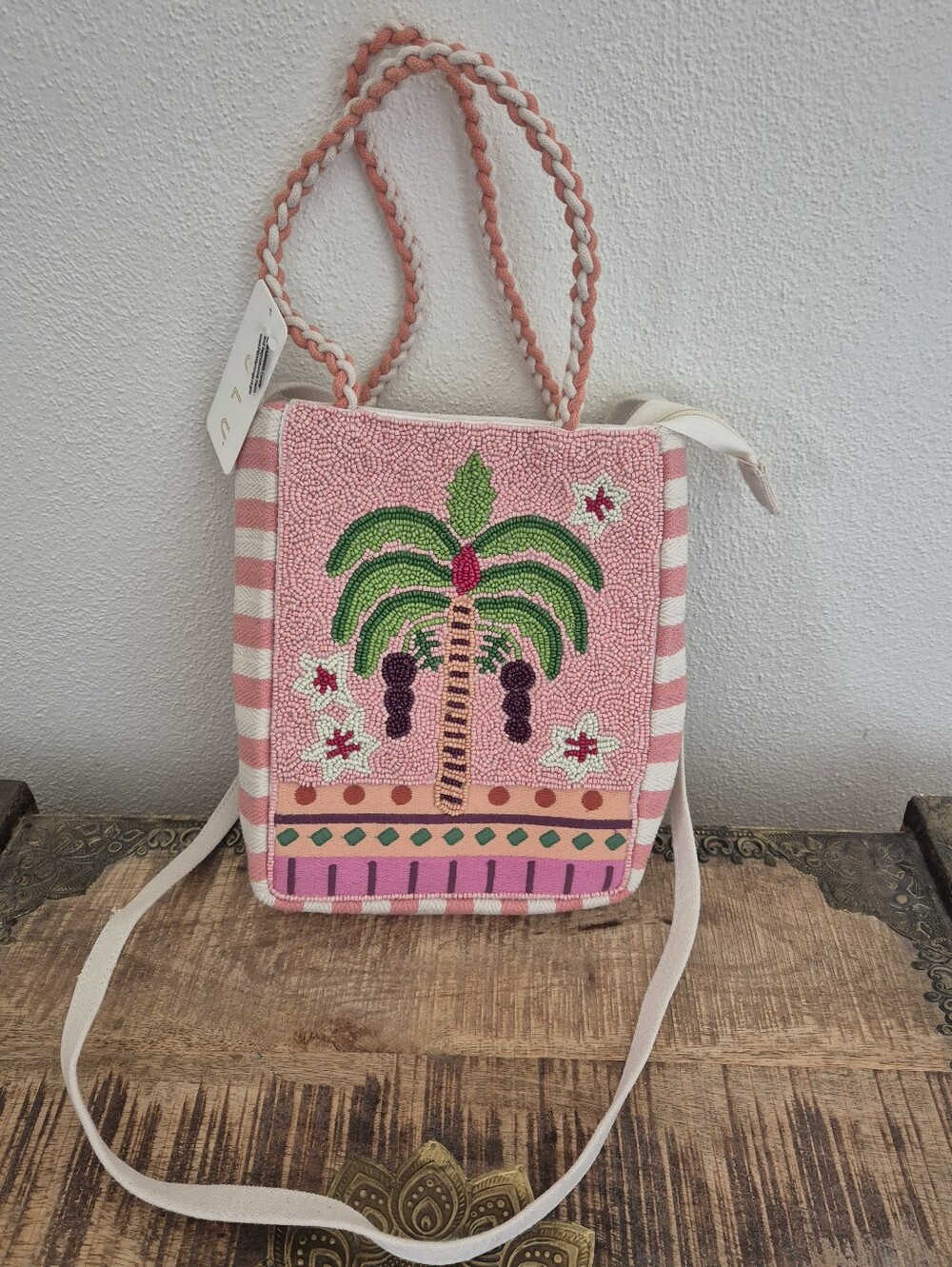 Pink Beaded Palm Tree Crossbody Bag Made in India